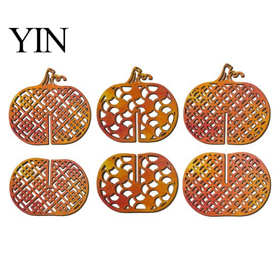 Halloween Tiered Tray Ornaments Thanksgiving Wooden Pumpkin Decor, Vintage Striped Hollow Carved Ornament Harvest Party Supplies for Home Party,
