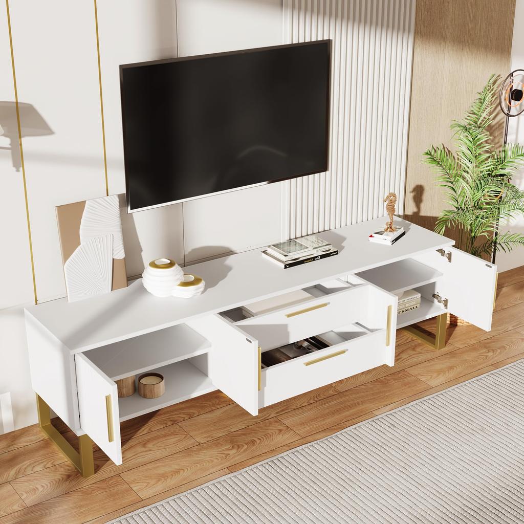 TV Schrank 170x40x53 cm Lowboard Schubladen Moderner Fernsehtisch Goldene Griffe Füße Wohnzimmer Esszimmer Weiß