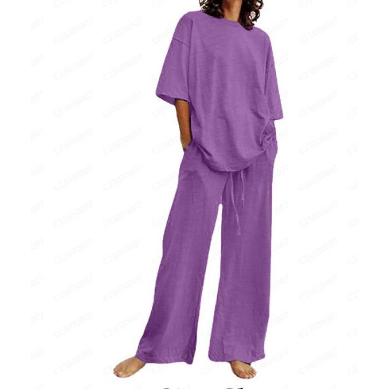 Women's 2-piece Summer Temshiyin Casual Belt Pocket Half-sleeved Top and Wide-leg Pants Set for Women