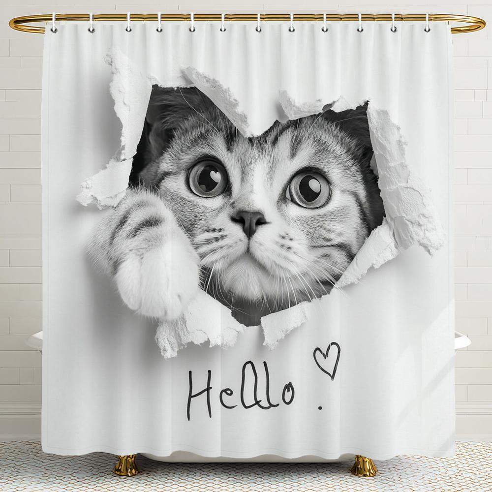 Cartoon Cute Cat Pattern Shower Curtain, Bathroom Decorative Shower Curtain, Printed Fabric Shower Curtain With Hooks