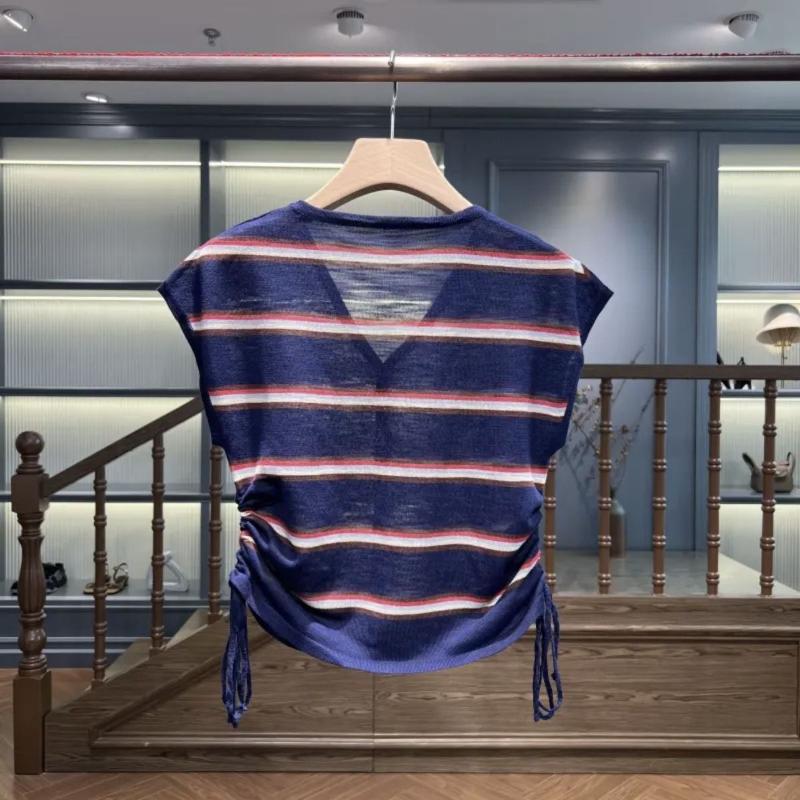 Stripe Contrasting Color V-neck Ice Silk Knitted Thin Summer Drawstring Waist Design Casual Korean Version Top for Women
