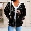 Women Plus Size Black Floral Print Zip Up Long Sleeve Drawstring Hoodie With Pockets