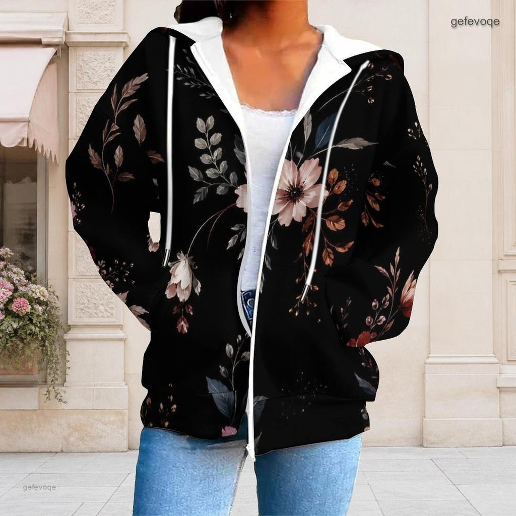 Women Plus Size Black Floral Print Zip Up Long Sleeve Drawstring Hoodie With Pockets