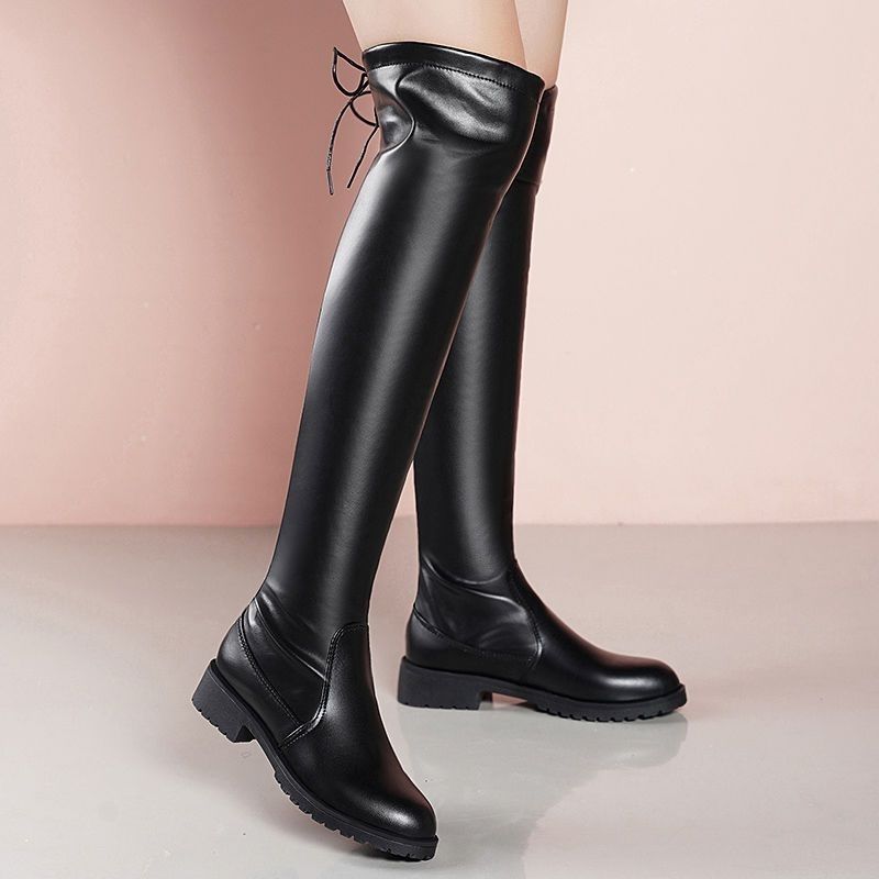 Fashion Black Round Toe Fleece-Lined Leather Women's Thigh High Boots New In Autumn Winter Middle Heel Ladies Above Over The Knee Shoes