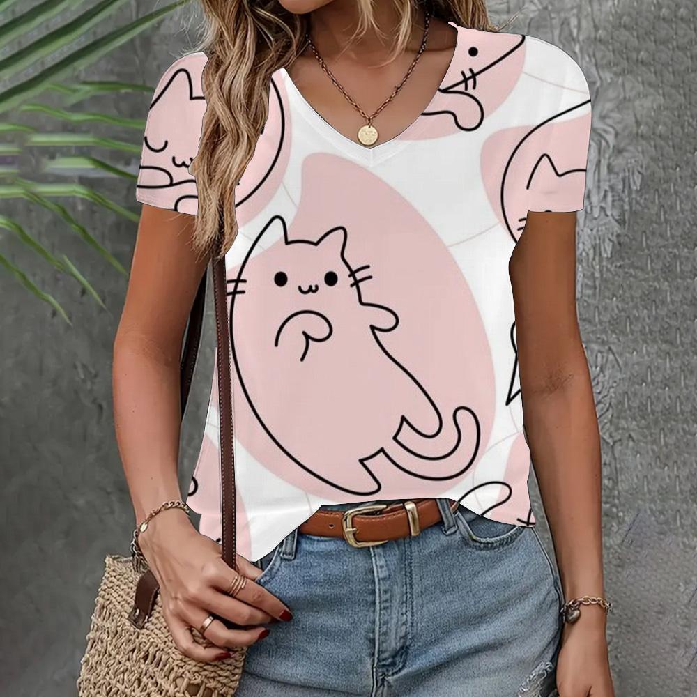 Summer New T-shirt Women's Clothing Loose Casual Short Sleeve Fashion Cat Print Top V-neck Elegant Clothing Women's T-shirt 2024