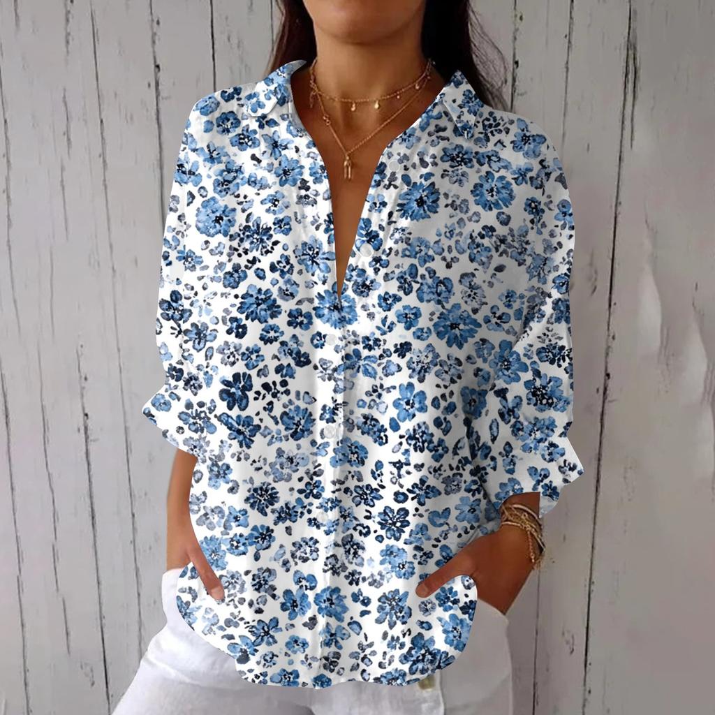 Women's Fashion Seven Sleeve Casual Lapel Back Tie Shirt Printed T-Shirt Top