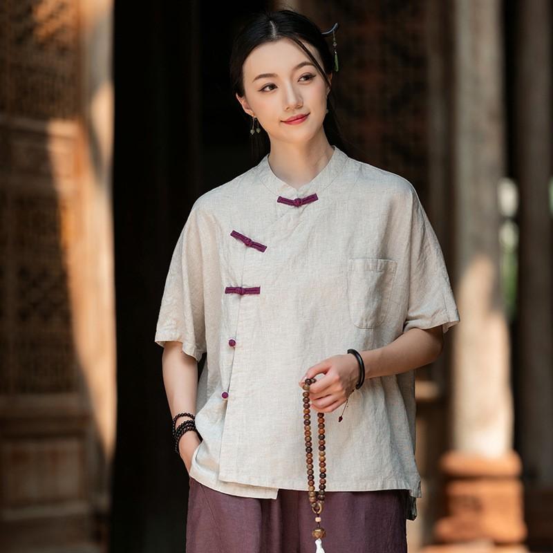 

Johnature Винтажные женские рубашки топы стойка половина рукава на пуговицах однотонные блузки летние рубашки в китайском стиле One Size бежевый