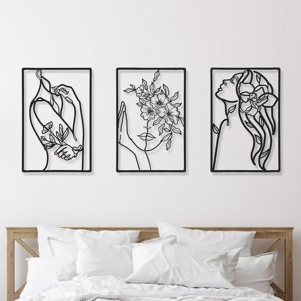3 Pieces Metal Wall Art Abstract Woman Line Drawing Black Home Decor Living Room Kitchen Bathroom Gift