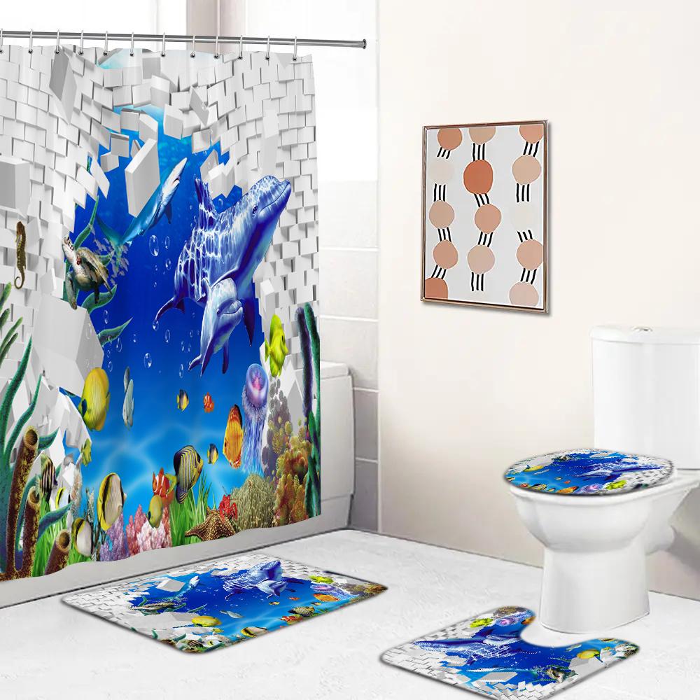 Ocean Creature Fish Dolphin Printed Shower Curtain Set With Rugs Waterproof Bathroom Curtain Anti-Slip Toilet Carpet Home Decor