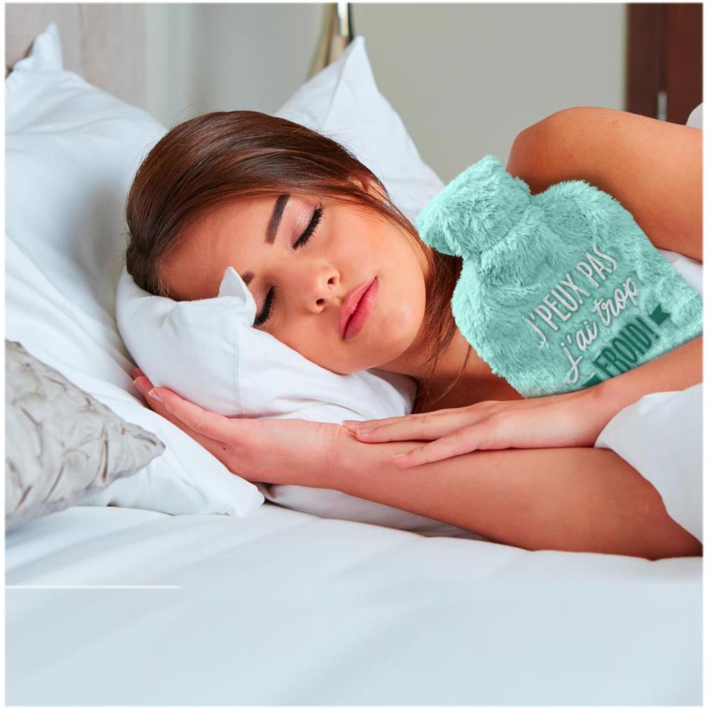 Les Trésors De Lily [A3014] - Bouillotte fourrure 'J'peux pas- j'ai trop froid ! ' turquoise - 27x16 (1L)