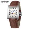 Sanda Elegant Ladies' Square Alloy Waterproof Quartz Watch with Roman Numerals and Moon Phase.
