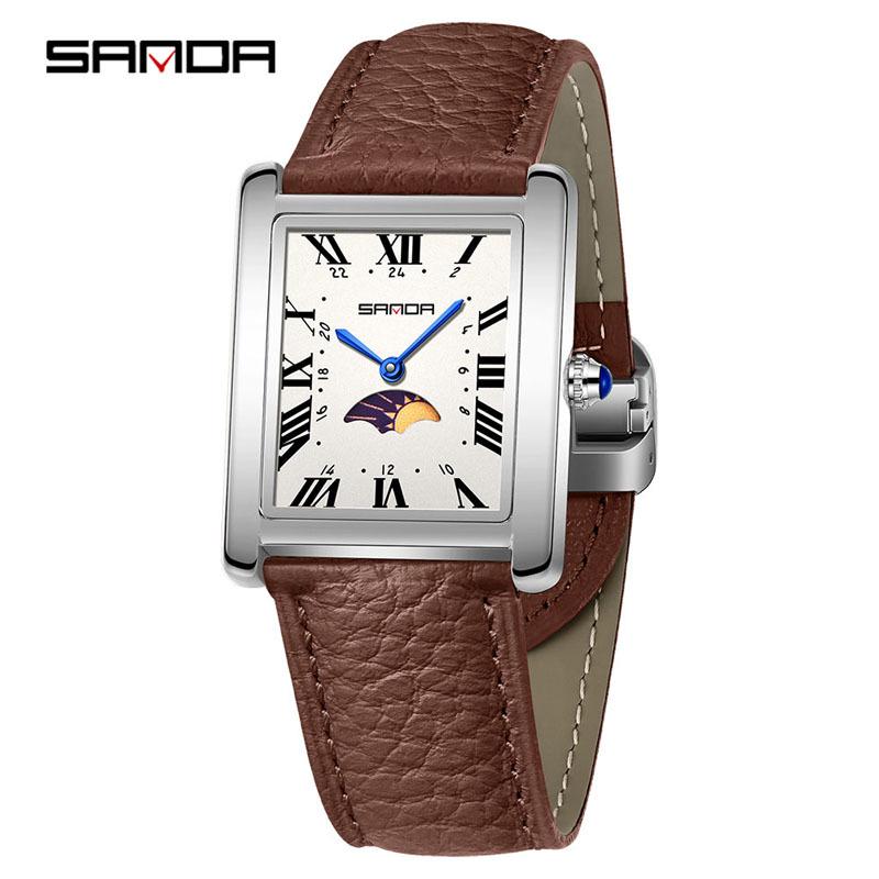 Sanda Elegant Ladies' Square Alloy Waterproof Quartz Watch with Roman Numerals and Moon Phase.