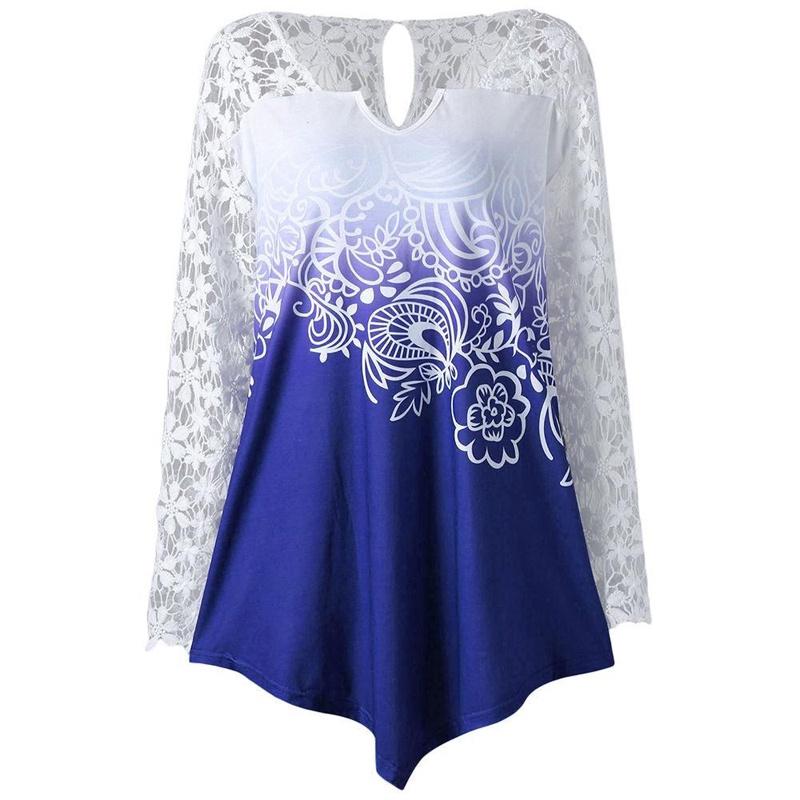 Stylish Plus Size Fashion Blouse For Women Featuring Sexy Lace And Ombre Print