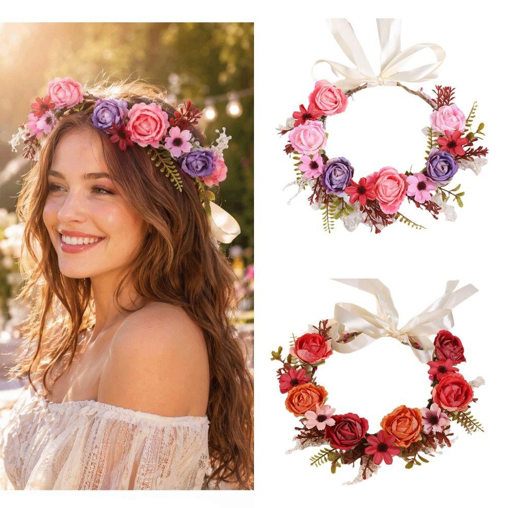 Adjustable Ribbon Artificial Flower Headband Fabric Garland Flower Crown Bridal Wedding