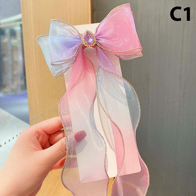 Girls Cute Elegant Mesh Bow Ribbon Hair Clip With Faux Pearl Tassel Crystal Decoration Colorful Chiffon Headwear For Party Kids