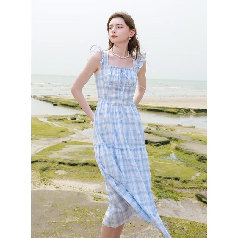 

Sancai Women s Square Neck Plaid A-Line Maxi Dress L