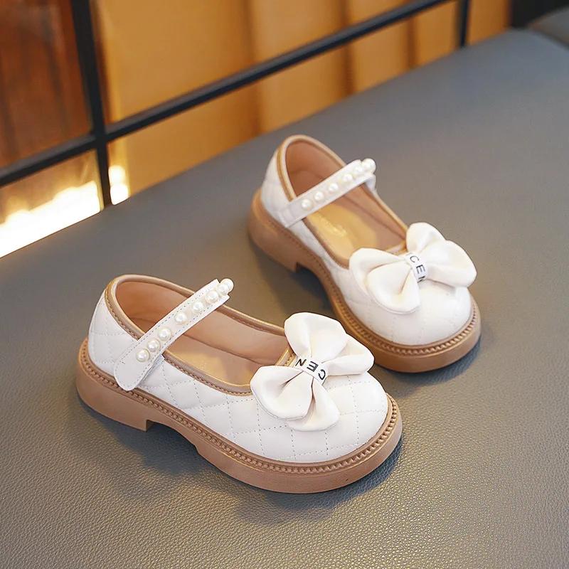Children's Leather Shoes Spring Autumn Kids Mary Jane Shoes Fashion Pearl Bowknot Girls' Flat Shoes Lolita Toddlers Single Shoes