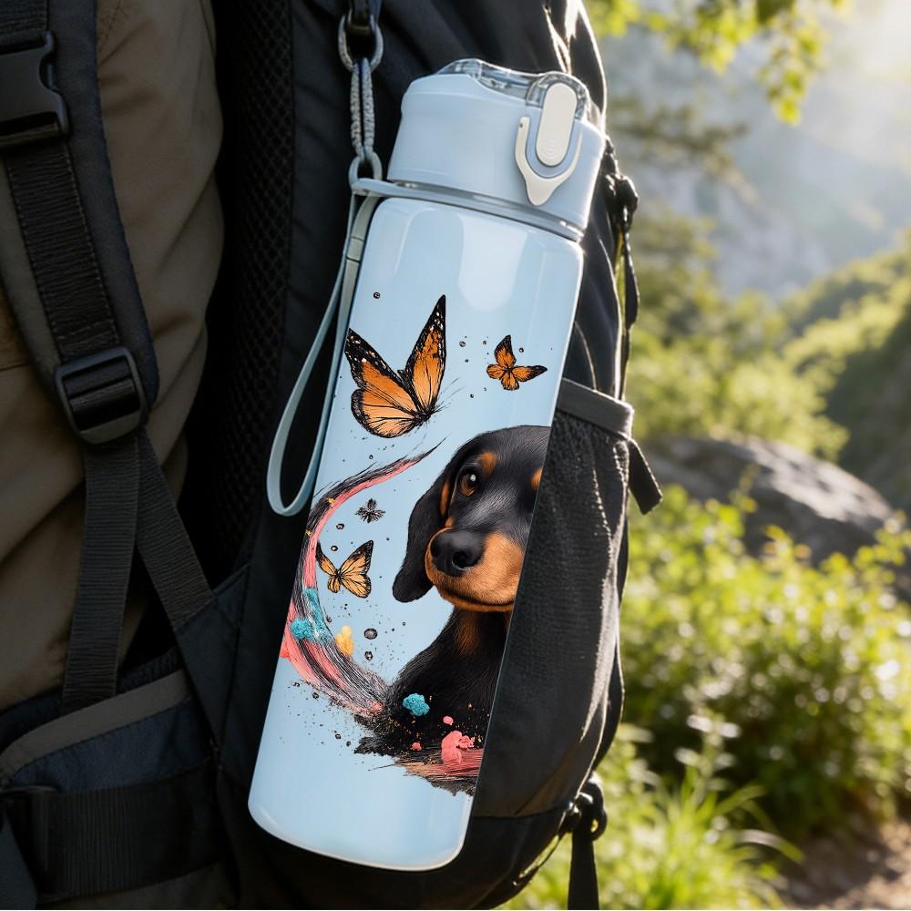 1PC Bow Dachshund Dog Portrait 750ml Color Plastic Sports Water Bottle Leakproof Flip Straw Lid Suitable for Sports Office Home Use