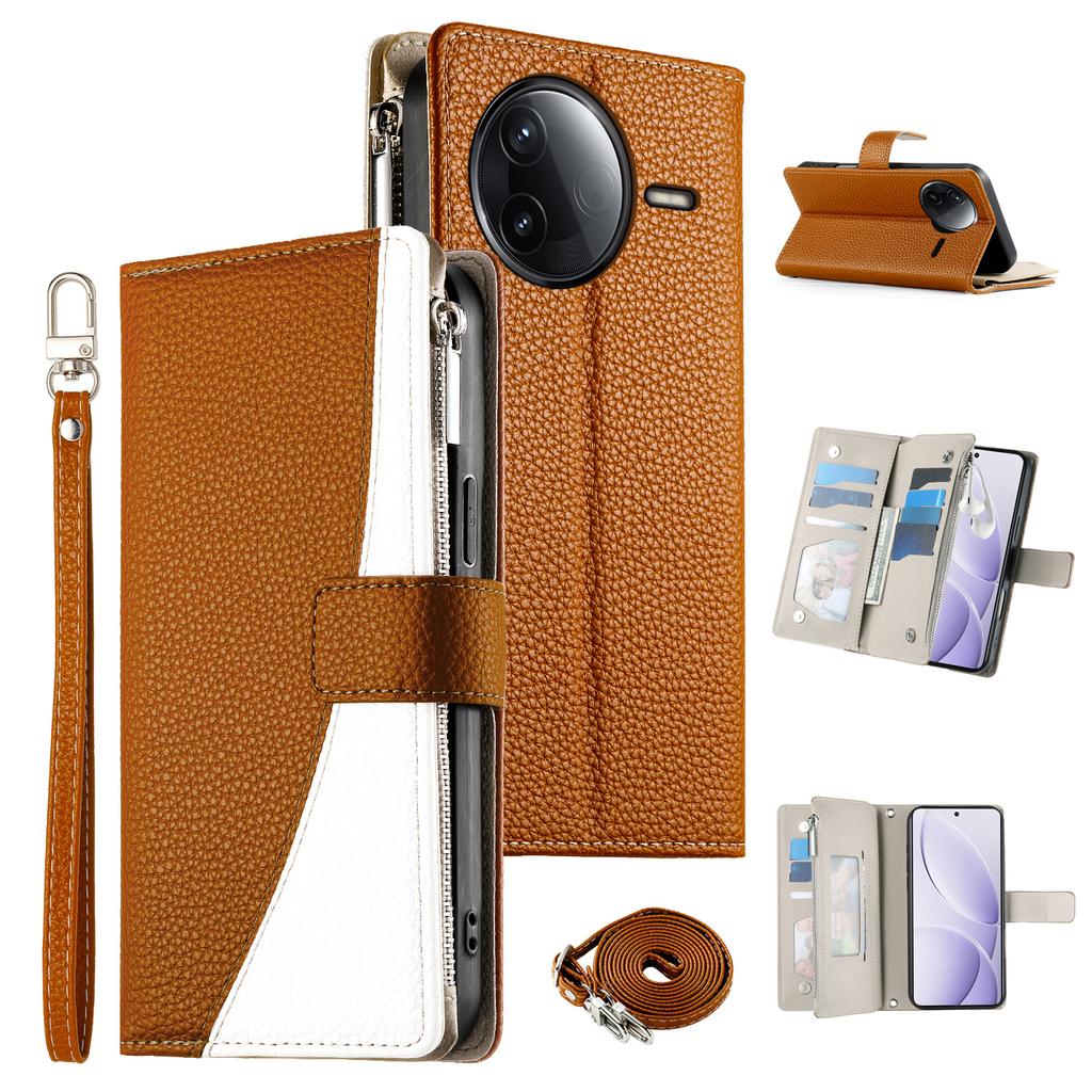 Leather Case For Xiaomi Redmi K80 Pro 5G/K80 5G/Poco F7 Pro 5G/F7 Ultra 5G Zipper Wallet Color Splicing Flip Phone Cover with Straps