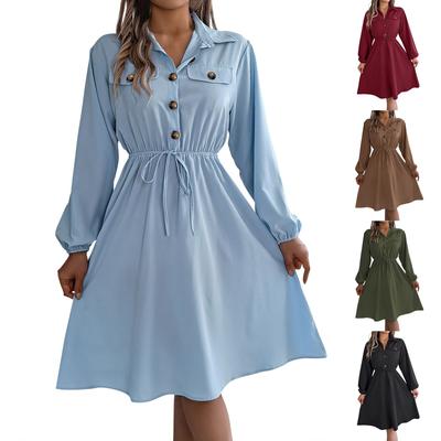 Women's Fashion Retro Solid Color Long Sleeve Button Tie Waist Lapel Dress
