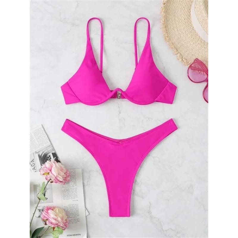 

Sexy Underwire Bikini 2025 Mujer Women Solid Red Push Up Bra Thong Swimsuit Haler V Neck Bathing Suit Mini Micro Thong Swimwear L гарячі рожевого кольору
