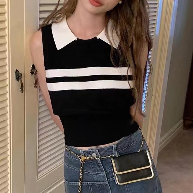 Summer New Korean Version of College Style Lapel Patchwork Color Vest Sleeveless Vest Wear Sweater Vest Women's Wear