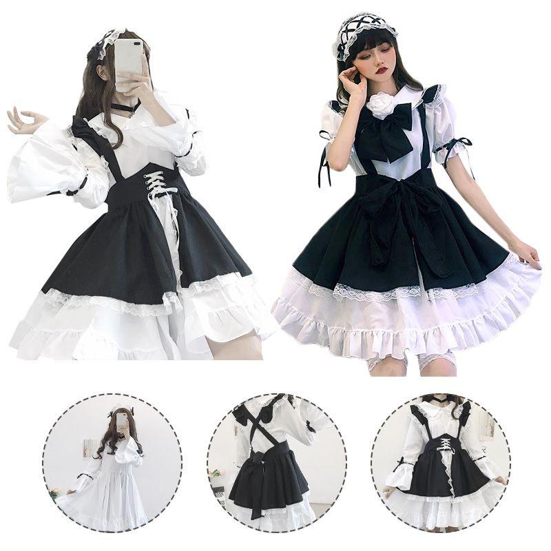 Charming Lolita Dress Maid Uniform Outfit With Bustle Apron And Headdress For Cosplay