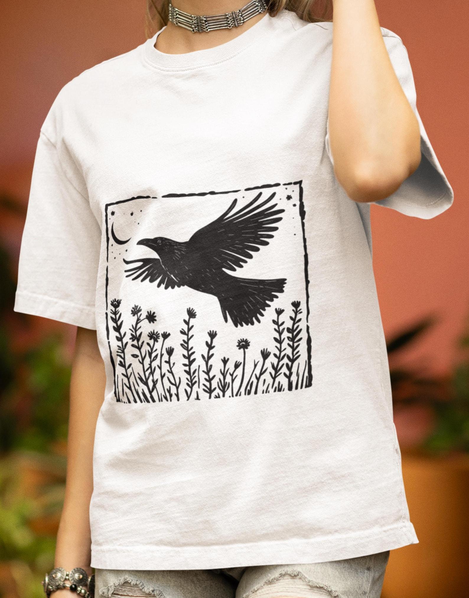 Vintage Raven T-Shirt: Lino Cut Style Tarot Card Design 4XL