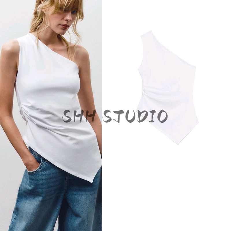 Spring New Women clothes French style Pleat Decorative Cotton Blend Asymmetric Simple Temperament Top 0085182