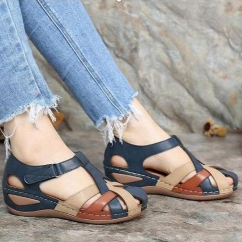 Large size summer new retro round head wedge heel women's shoes cross buckle women's sandals