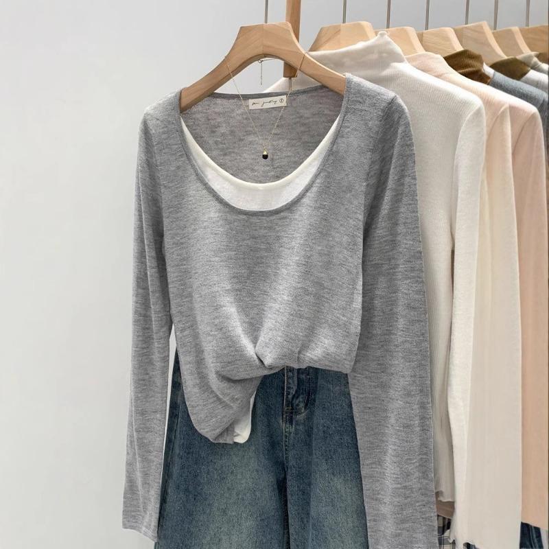 Spring Autumn Fake Two Pieces Loose Casual Fashion Sweater Women Long Sleeve Patchwork Knitting Bottomed Top