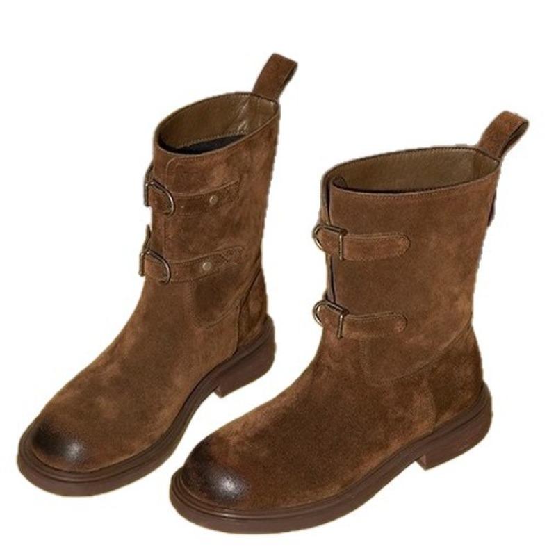 Cowhide version Brown Barn style boots Women's thick heel Martin boots Medium motorcycle boots Western cowboy boots Skinny short boots
