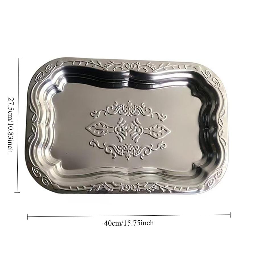 1PCS Stainless Steel Rectangular Tray with Embossed Design for Kitchen Living Room Storage Durable Fruit Snack Cake Serving Dish