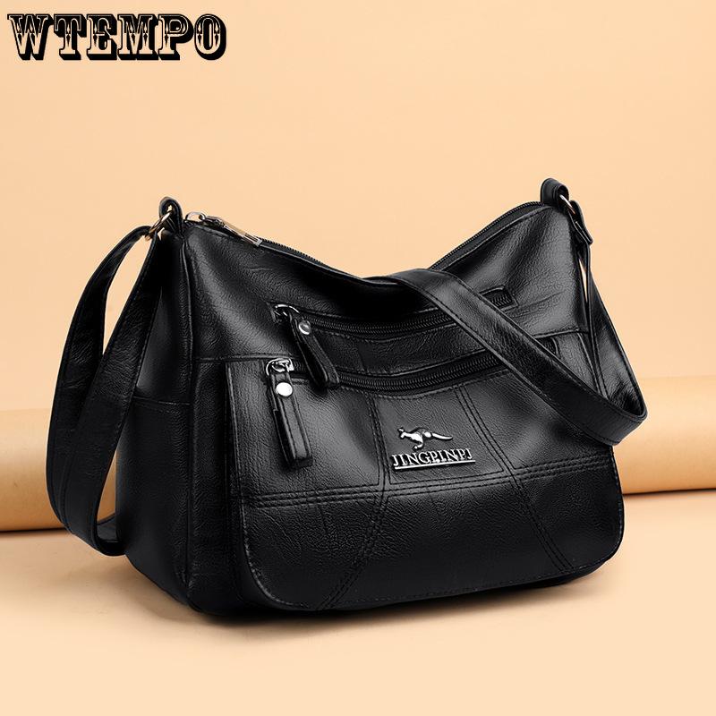 WTEMPO Black Stitched PU Leather Crossbody Bag Multi Zipper Large Capacity Adjustable Wide Strap Shoulder Messenger Bag for Women Daily Use