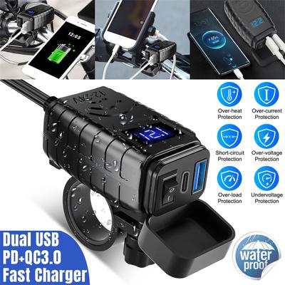 Motosiklet USB Şarj Cihazı Toplam 48W Çift USB Tip C PD ve Quick Charge 3.0 Voltaj Ölçerli ve Açma/Kapama Anahtarlı Motosiklet Telefon Şarj Cihazı