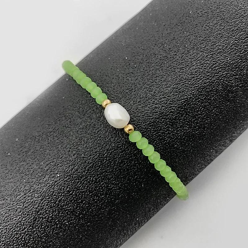 

Boho Glass Charm Bracelets For Women Girl Handmade Fashion Jewelry Freshwater Pearl Bracelet Bangle With Stainless Steel Beads зелений