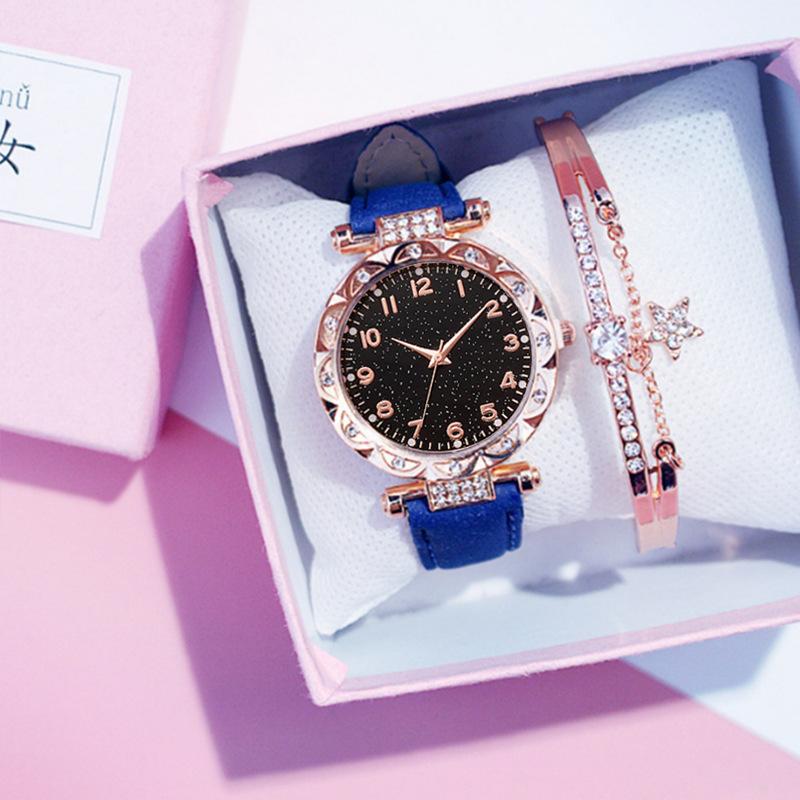 Women'S Watch Fashion Casual Women'S Quartz Watch Simple Rhinestone Flower Disc Watch Star Bracelet Set