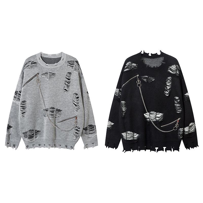 Pull Zippé Déchiré Tendance Unisexe Automne 2024 - Maille Streetwear Ample