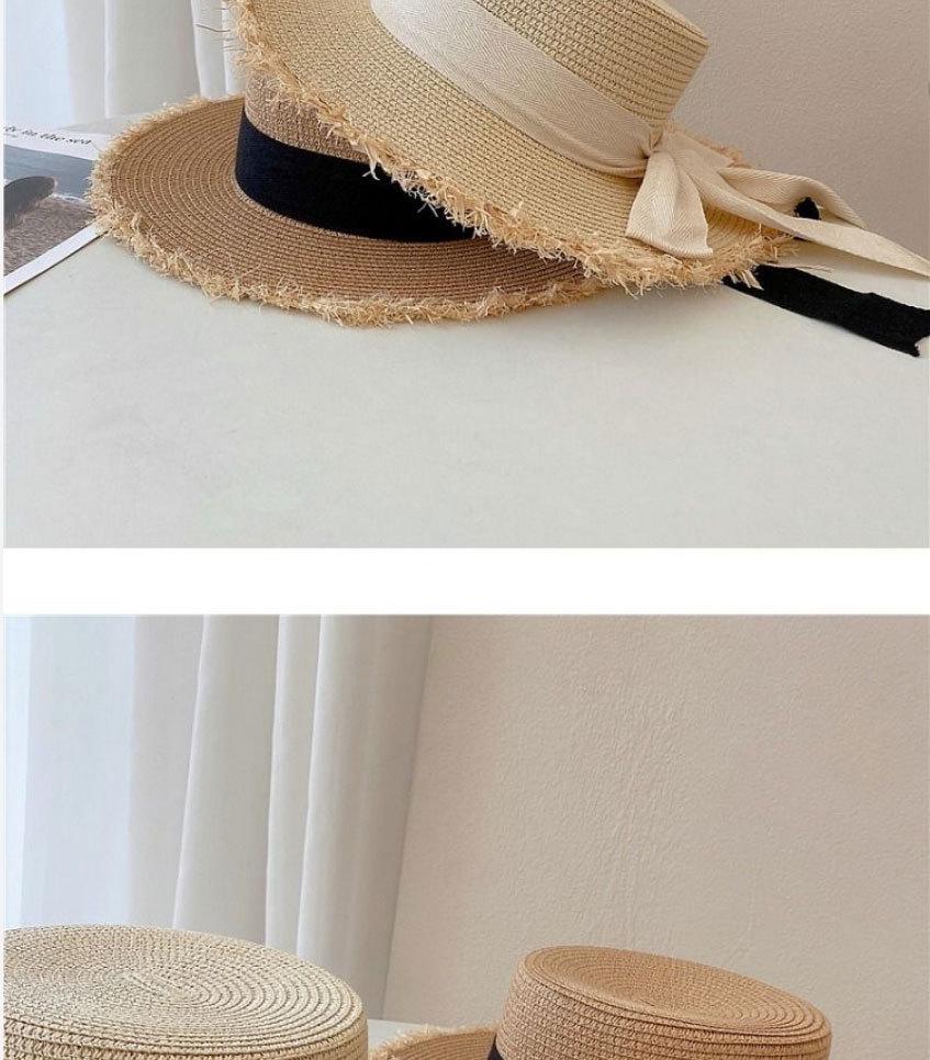Women's Large Brim Bowknot Frayed Edge Straw Sun Hat for Summer Beach Vacation
