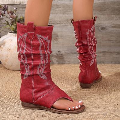 Schuhe für Damen Gestickte Zehensteg-Keilabsatzschuhe Stilvolle Atmungsaktive Westernstiefel Lässige Vielseitige Urlaubsstiefel Damen
