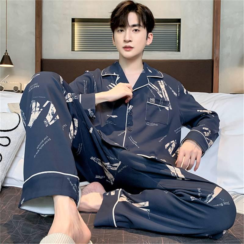Men's Korean Style Cotton Cardigan Pajama Set - Long Sleeve & Pants for Spring & Autumn, Wearable Outdoors