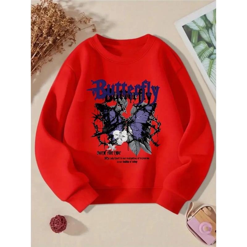 Kids Sweatshirt Hoodie for Girls with a Round Neck - Features a Butterfly Design Surrounded by Thorns And Flowers, Suitable for Machine Washing