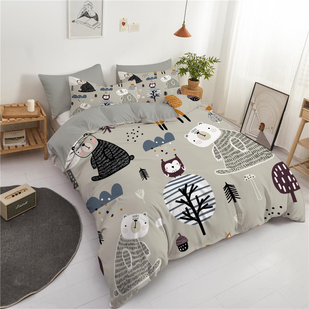 Woodland Theme King Queen Duvet Cover Cute Cartoon Animal Bedding Set Bear Tree Wildlife Comforter Cover Polyester Quilt Cover