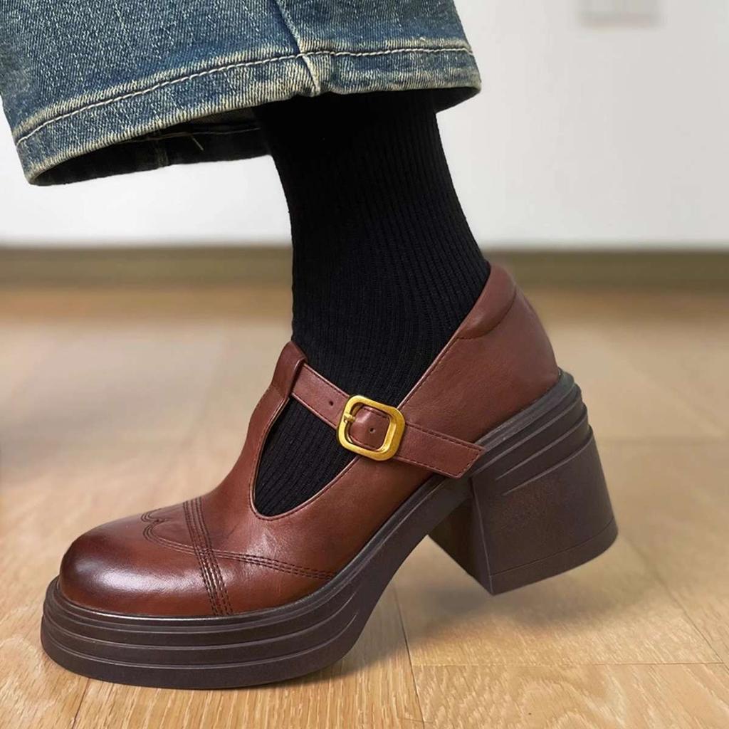 French black round head Mary Jane shoes women's spring new thick high heel thick sole heightening retro single shoes small leather shoes