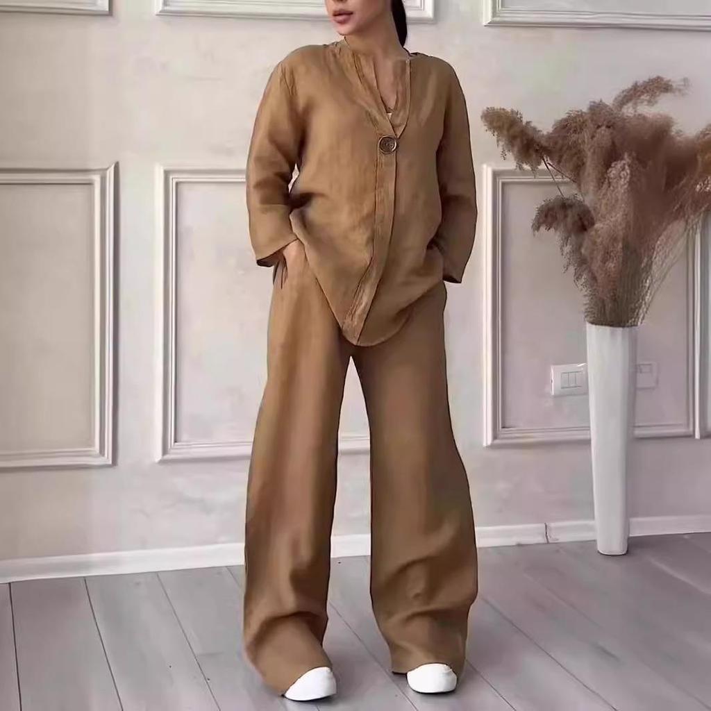 2025 European & American Women's Casual Cotton & Linen Loose Top and Wide-Leg Pants Set