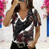 Women Plus Size V Neck Cold Shoulder Short Sleeve Burgundy White Masquerade Mask Print Top