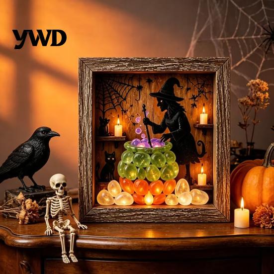 Gothic Bedroom Decor DIY Lighted Halloween Ghost Shadow Box Kit, Wooden Frame LED Warm Light, Style Interior Lighting Memory with Crystal Glass Panel,