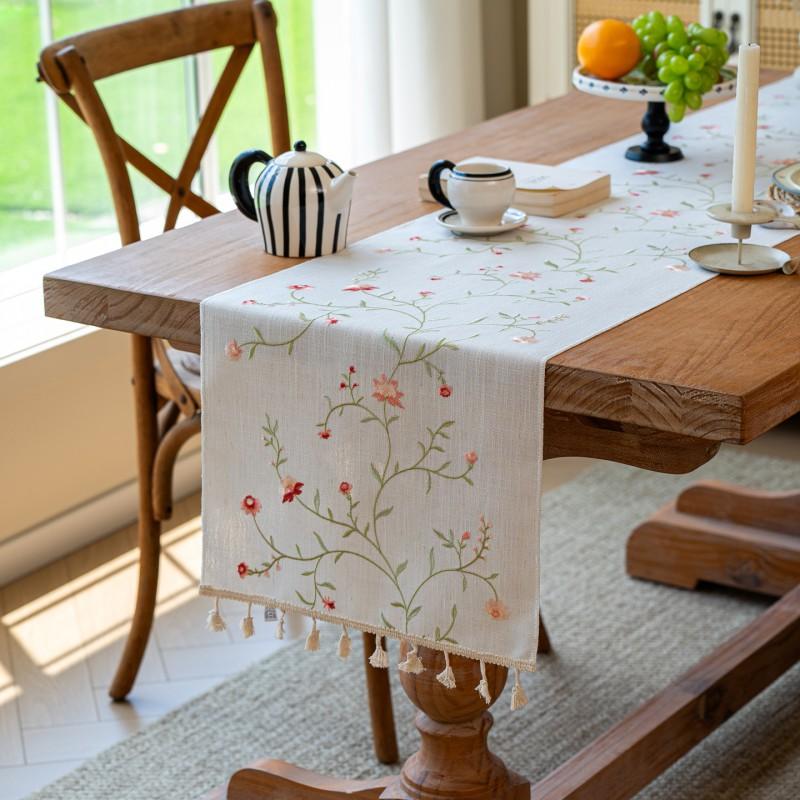 Minimalist Linen Cotton Embroidered Table Runner With Tassels Dining Decor Rustic Floral