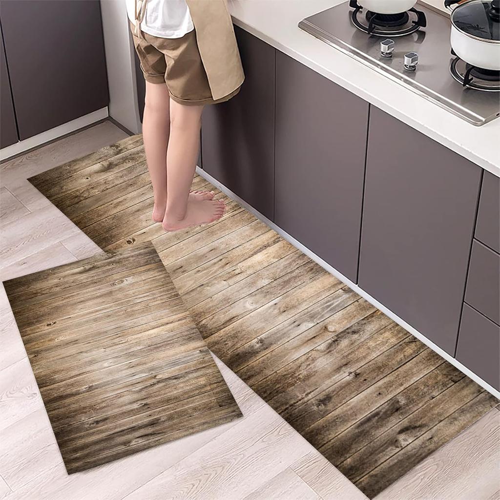 1/2PCS Vintage Wooden Kitchen Floor Mat Comfort Non-Slip Interior Area Foot Mat Home Decor Laundry Balcony Carpet