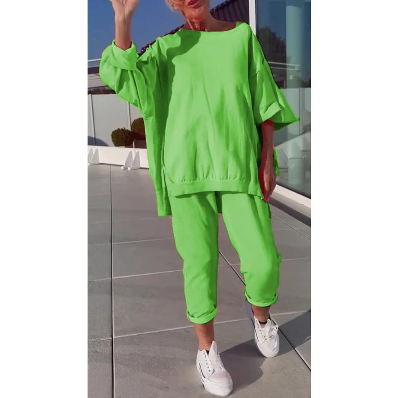 

Women s Spring and Summer Suits, Casual Solid Color Round Neck Long-sleeved Tops, Sports Pants, 2-piece Suit, Women XS зелений